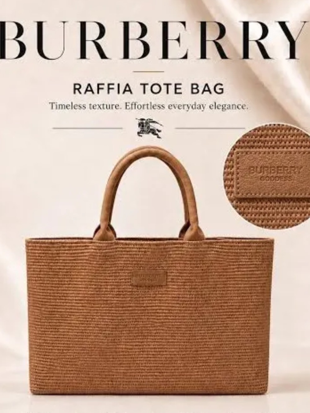 🆕BURBERRY👜Brown Raffia Tote Bag logo and Top Handles-Authentic